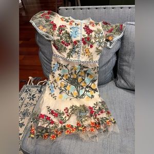 Intricate floral work, lacy, vintage style, Peachy dress.